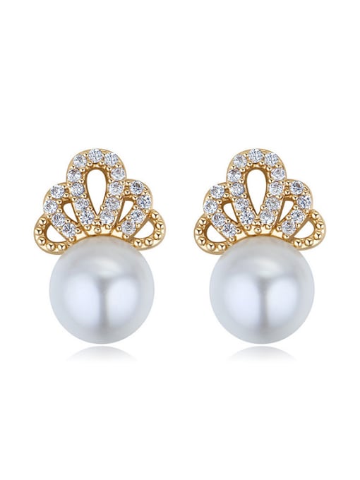 Champagne Gold Fashion White Imitation Pearls Shiny Crystals-covered Stud Earrings