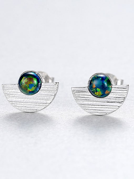Sliver 925 Sterling  Silver With Opal  Simplistic Semicircle Stud Earrings
