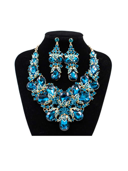 Blue Water Drop Glass and Rhinestones Two Pieces Jewelry Set