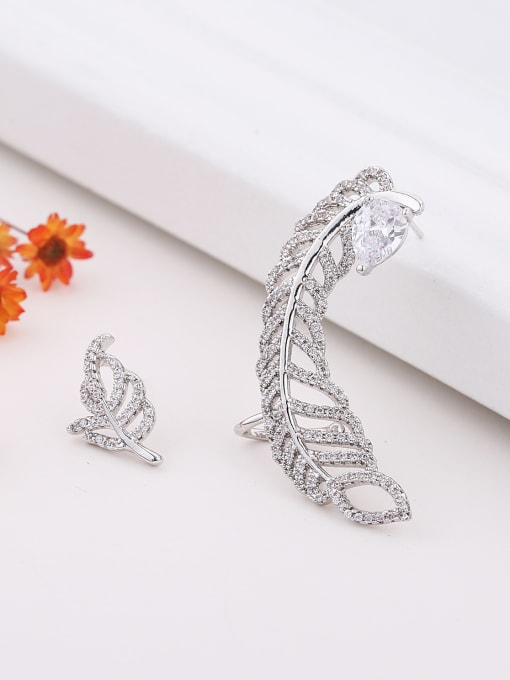 Wei Jia Asymmetrical Leaf Cubic Zirconais Copper Stud Earrings