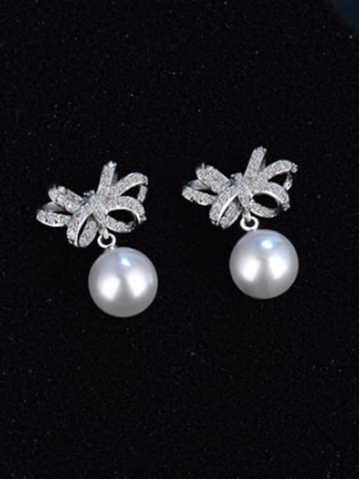 Rosh Fashion Shiny Zirconias Bbowknot Imitation Pearl Stud Earrings 2