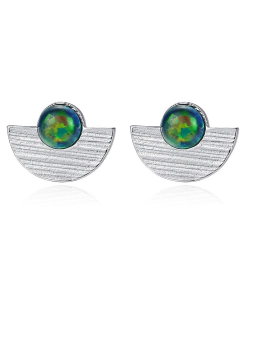 CCUI 925 Sterling  Silver With Opal  Simplistic Semicircle Stud Earrings 0