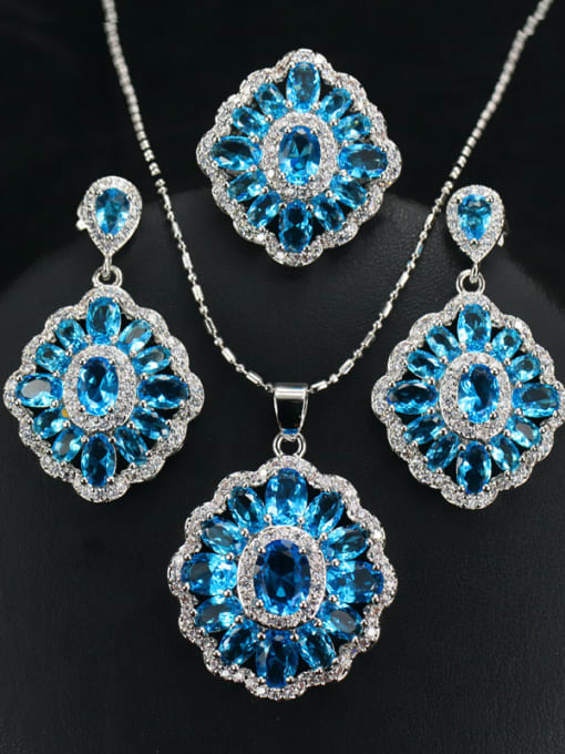Aquamarine Ring 6 Yards Colorful Zircons Flower Three Pieces Jewelry Set