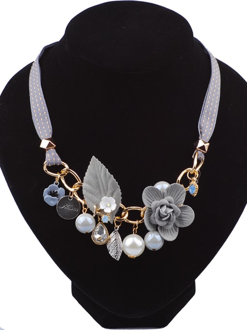 grey Exquisite Elegant Cloth Flower Resin Beads Alloy Necklace