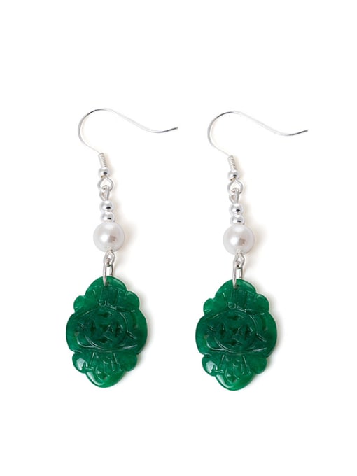 SILVER MI Retro style Shell Pearls Green Emerald 925 Silver Earrings