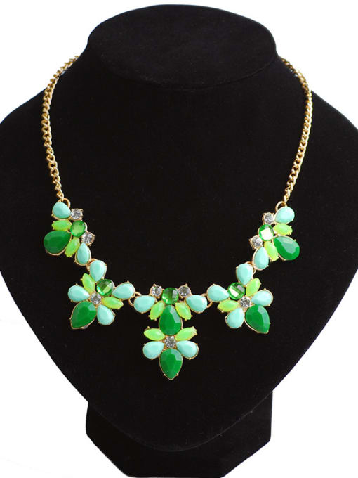 Green Fashion Colorful Resin Flowery Pendant Gold Plated Necklace