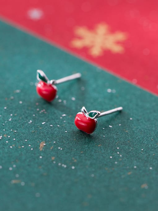 Red apple ear studs 925 Sterling Silver With  Cute Christmas gift Stud Earrings
