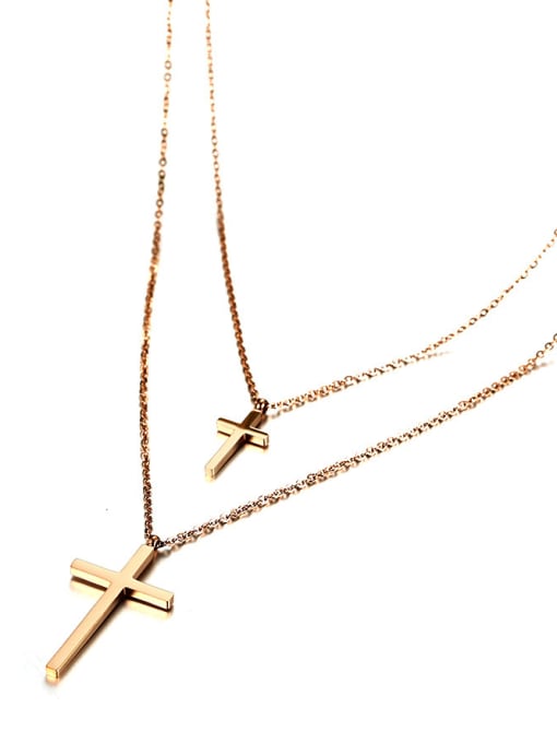 Rose Gold Elegant Double Layer Design Cross Shaped Titanium Necklace