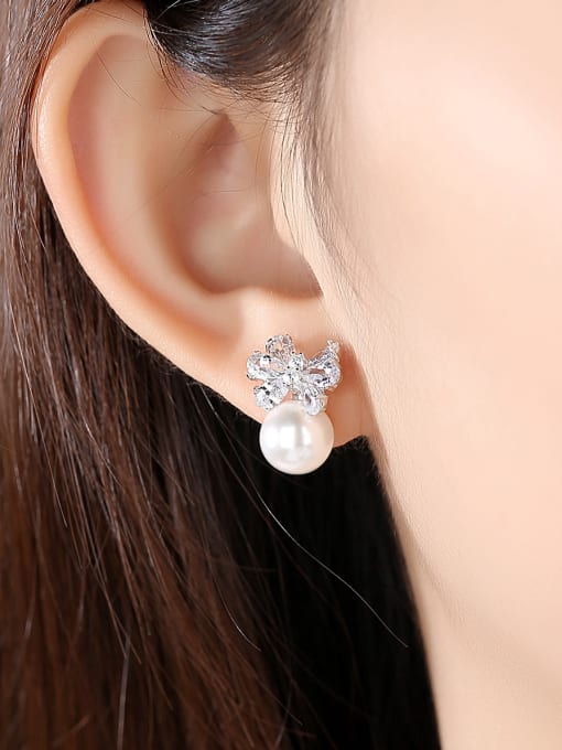BLING SU Copper With Platinum Plated Cute Bowknot Stud Earrings 1