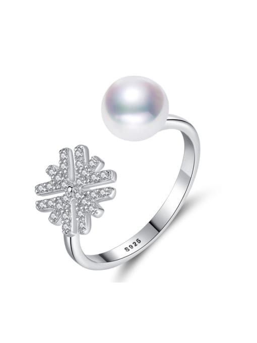 CCUI Pure silver zircon snowflake natural freshwater pearl free size ring