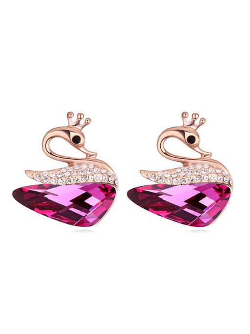 hot pink Exquisite austrian Crystals Swan Rose Gold Plated Stud Earrings
