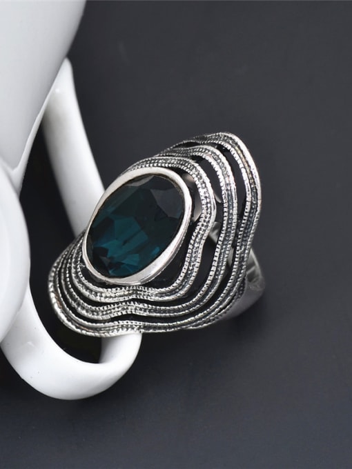 Wei Jia Retro style Exaggerated  Blue Crystal Antique Silver Plated Alloy Ring 2