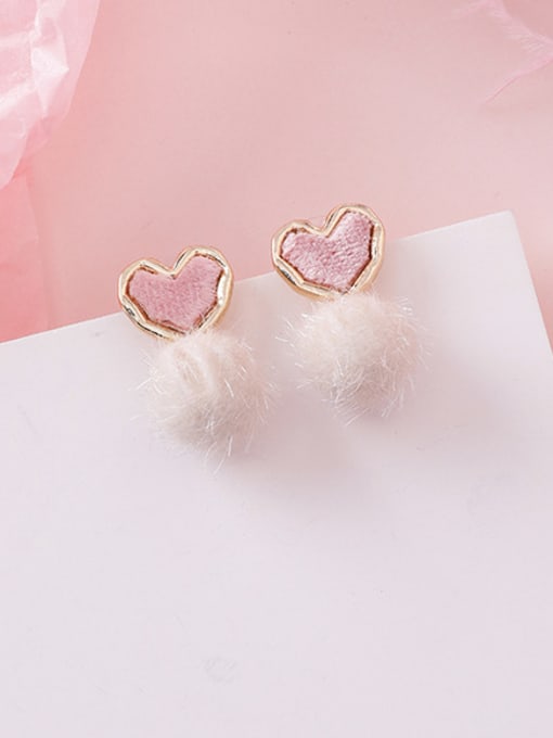 A Pink Alloy With Rose Gold Plated Cute Heart  Plush ball Drop Earrings
