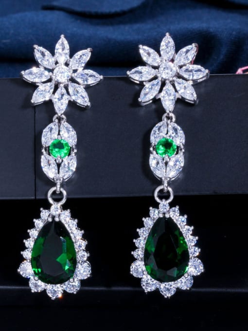 green Copper With Cubic Zirconia  Luxury Flower Engagement Cluster Earrings