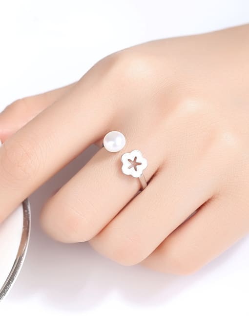 CCUI 925 Sterling Silver With Artificial Pearl Simplistic Flower Free Size  Rings 1