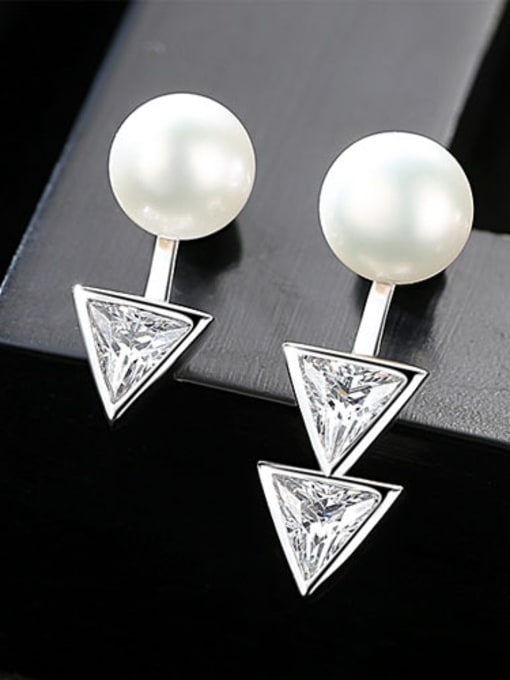 White Sterling Silver with AAA zircon asymmetrical pearl studs earring