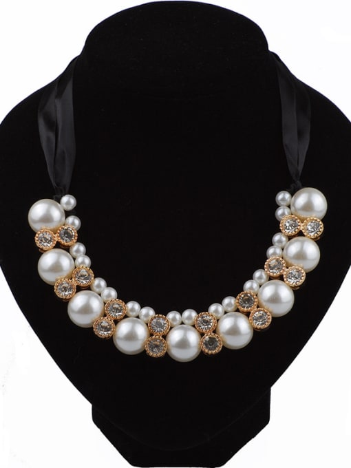 Qunqiu Fashion White Imitation Pearls Rhinestones Black Ribbon Necklace 0