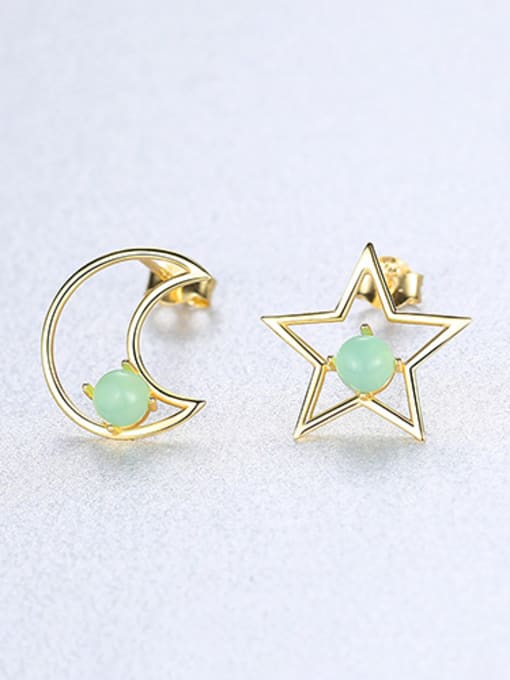 green 925 Sterling Silver With multicolor Opal Cute Stars moon asymmetry Stud Earrings