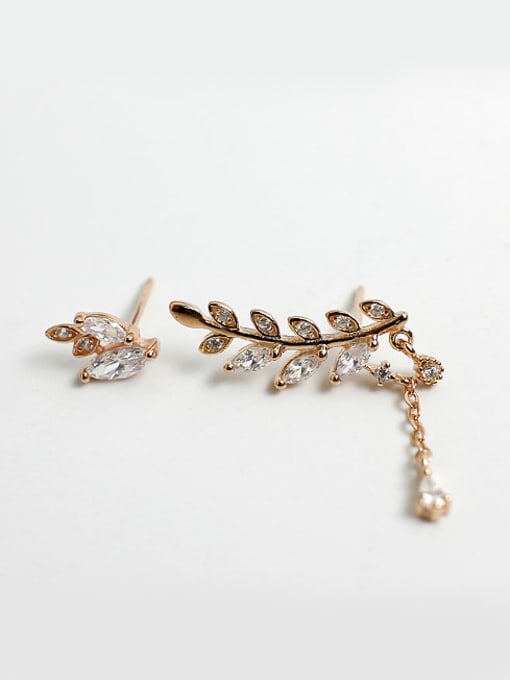 rose gold Fashion Asymmetrical Leaves Marquise Zircon Silver Stud Earrings