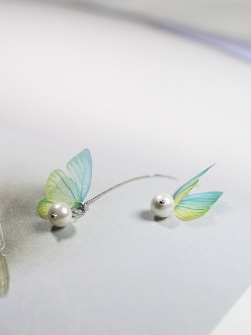 Peng Yuan Elegant White Artificial Pearl Butterfly 925 Silver Line Earrings 3