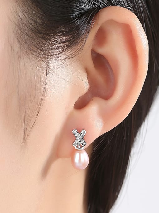 CCUI Sterling Silver micro insert 3A zircon Letter X 7-8mm natural Pearl Earrings 1