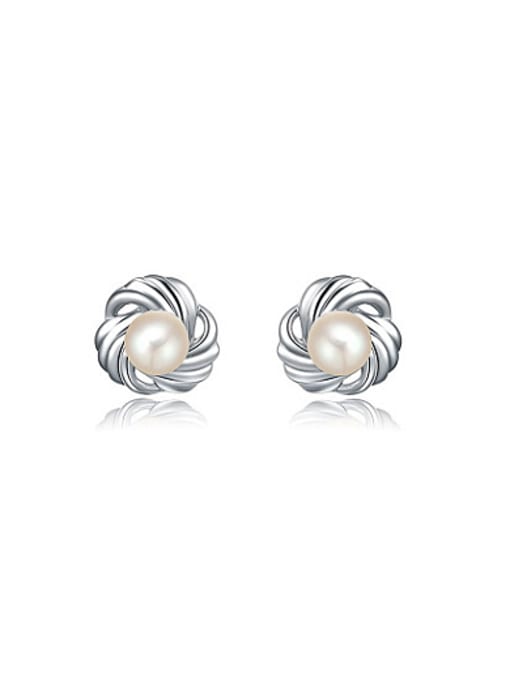 Platinum Exquisite Flower Shaped Pearl Stud Earrings