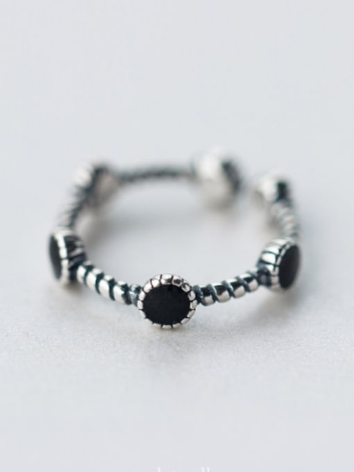 Rosh S925 Silver Retro Black Round Opening Midi Ring 0