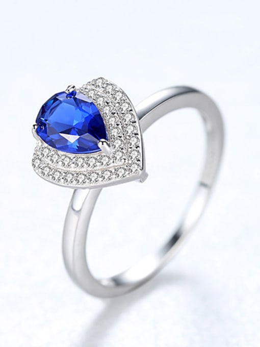 Blue 925 Sterling Silver With  Cubic Zirconia  Delicate Heart Band Rings