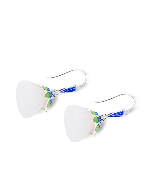 SILVER MI Ethnic style White Jade Lotus Seedpod 925 Silver Earrings 0