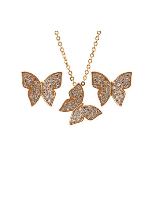 Rose Gold Copper With Cubic Zirconia Cute Butterfly Pendant Earrings And Necklaces  2 Piece Jewelry Set