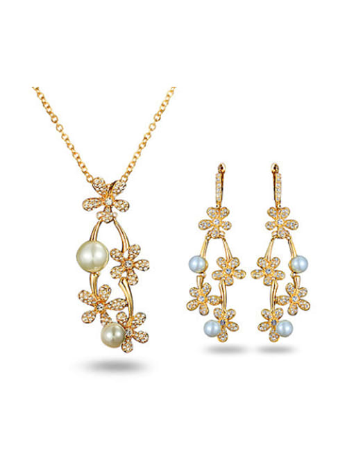 gold Elegant 18K Gold Plated Artificial Pearl Flower Two Pieces Jewelry Set