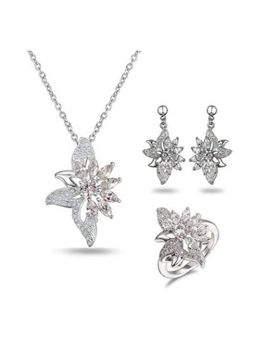 platinum Temperament Platinum Plated Flower Zircon Three Pieces Jewelry Set