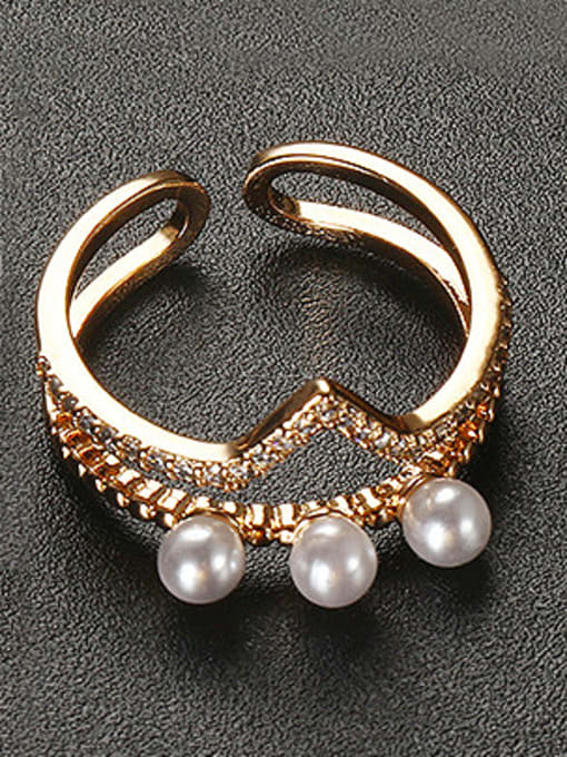 XP Copper Alloy 18K Gold Plated Fashion Crown-shaped Artificial Pearl Zircon Opening Ring 1