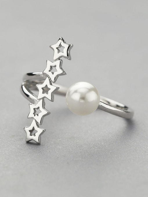 One Silver Personalized Tiny Hollow Stars Artificial Pearl 925 Silver Opening Ring 0