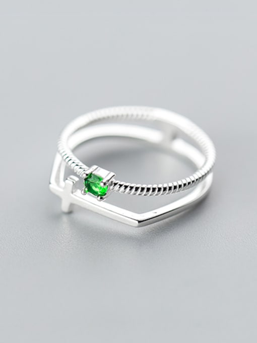 Rosh Fashion Cross Shaped Double Layer Green Rhinestone S925 Silver Ring