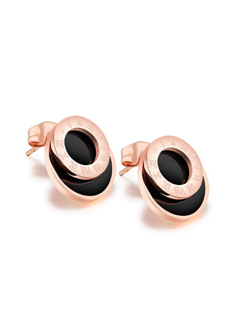 Rose Gold Simple Black Round Roman Numerals Titanium Stud Earrings