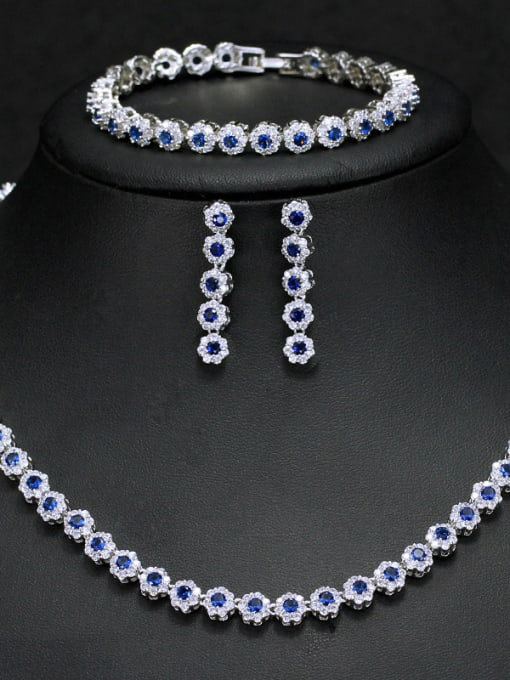 Blue 3 Pieces Luxury Shine  High Quality Zircon Round Necklace Earrings bracelet 3 Piece jewelry set