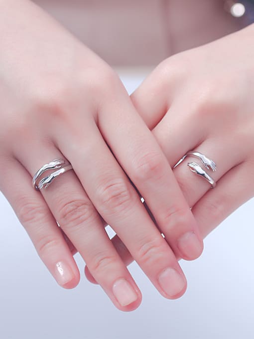 Dan 925 Sterling Silver With White Glossy  Simplistic Hands folded Lovers Free Size  Rings 1