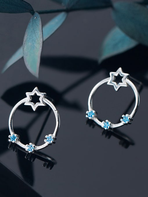 Rosh 925 Sterling Silver With Silver Plated Simplistic Planetary ring hexagonal star Stud Earrings 1