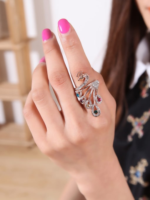 Wei Jia Exaggerated Colorful Rhinestones Peacock Gold Plated Alloy Ring 1