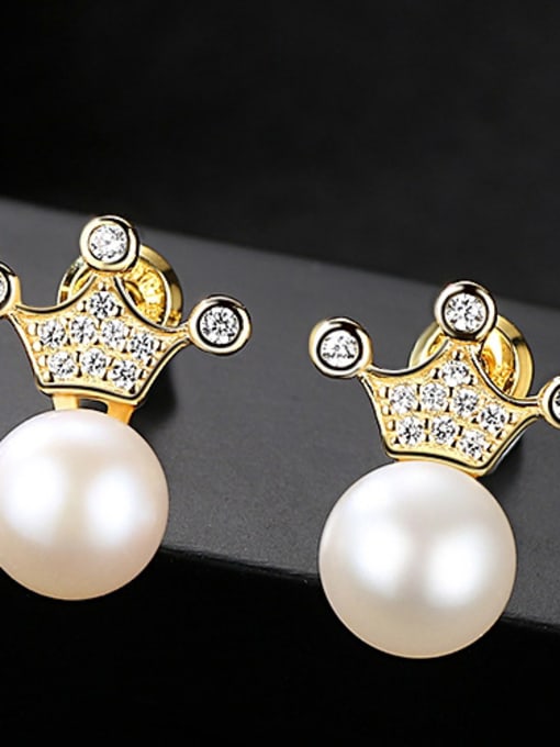 White Sterling Silver 7-7.5mm natural freshwater pearl crown studs earring