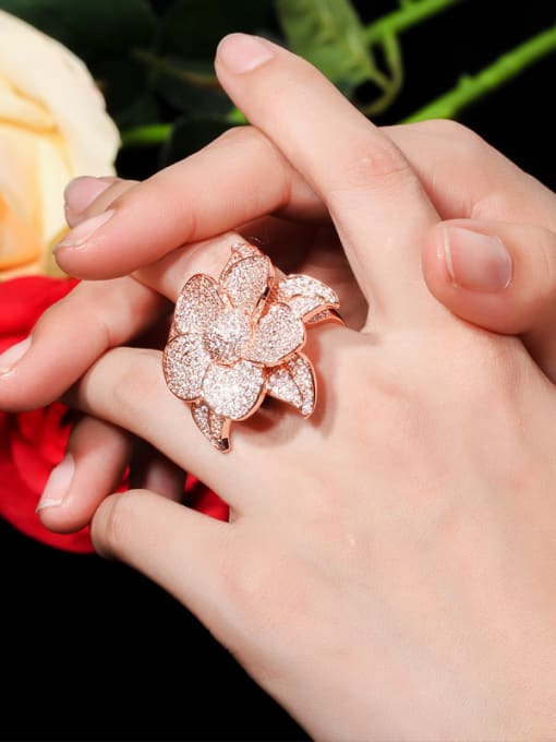 L.WIN Copper With Cubic Zirconia Luxury Flower Statement Rings 2