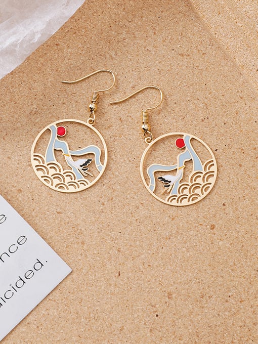 6#12843 Alloy With Rose Gold Plated Ethnic Painted Koi Printed Palace Hook Earrings