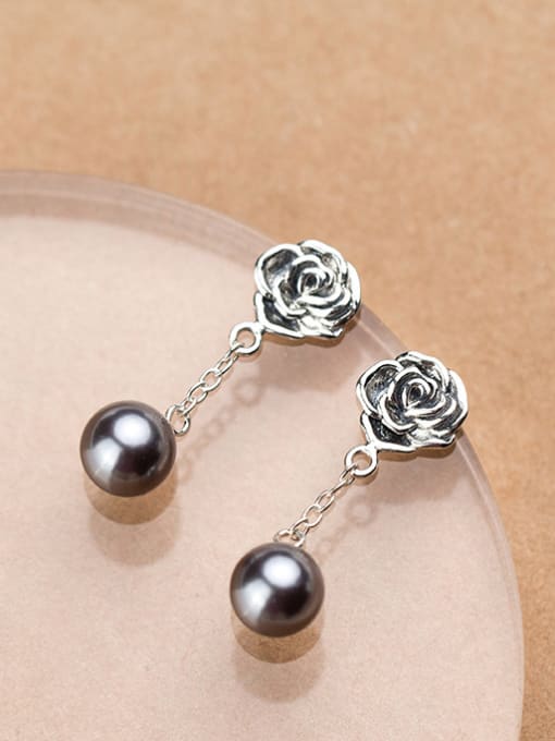 Rosh Vintage Rosary Shaped Black Artificial Pearl Drop Earrings 1