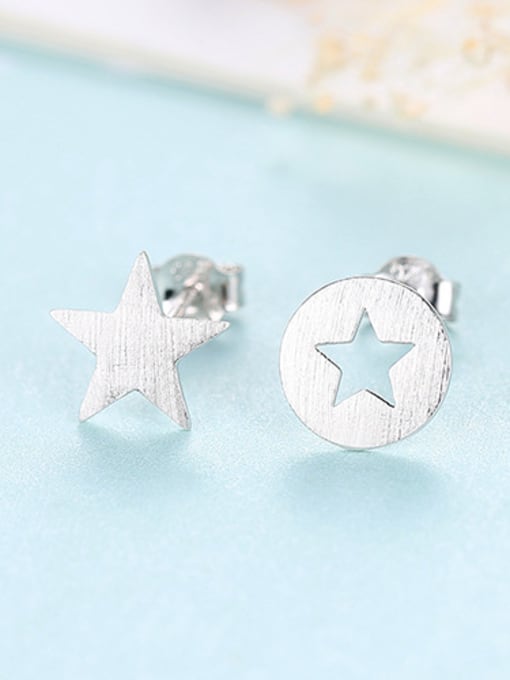 sliver 925 Sterling Silver With  Glossy Simplistic Stars moon asymmetry  Stud Earrings