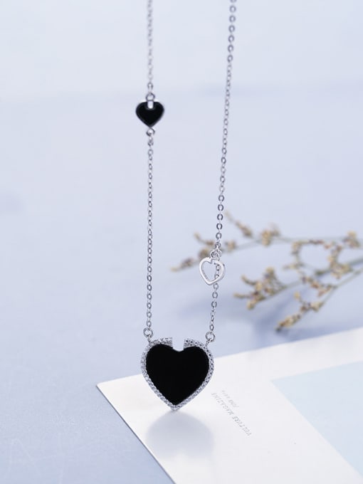 One Silver Simple Black Heart shaped Carnelian 925 Silver Necklace 2
