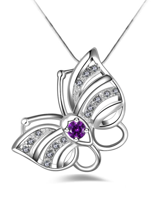 Purple Fashion Shiny Cubic Zirconias Butterfly Pendant Copper Necklace