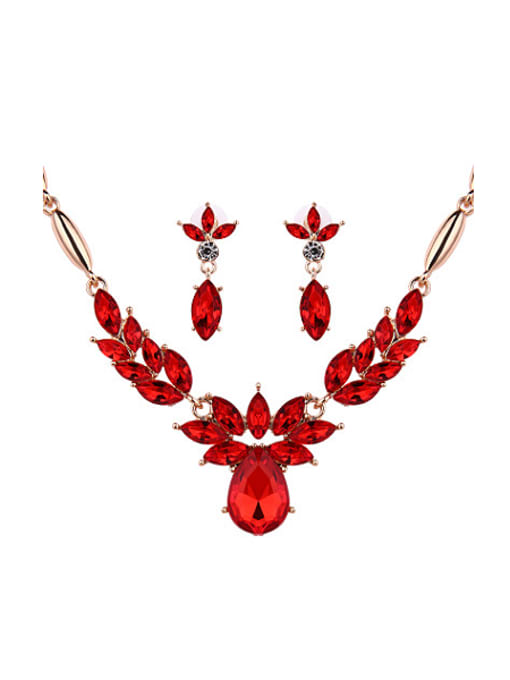 red Alloy Rose Gold Plated Fashion Stones Flower-shaped Two Pieces Jewelry Set