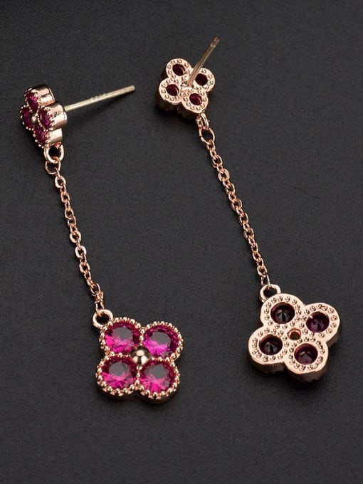 Qing Xing S925 Silver Ear Needles  Rose Gold Ruby Flower  Female Tassel stud Earring 1