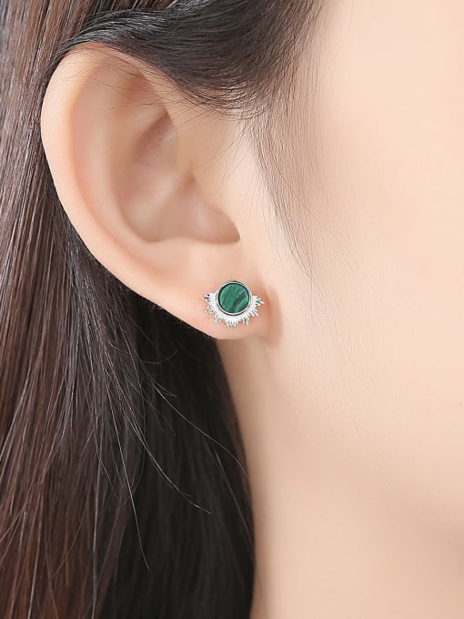 CCUI 925 Sterling Silver With Platinum Plated Simplistic Malachite  Round Stud Earrings 1